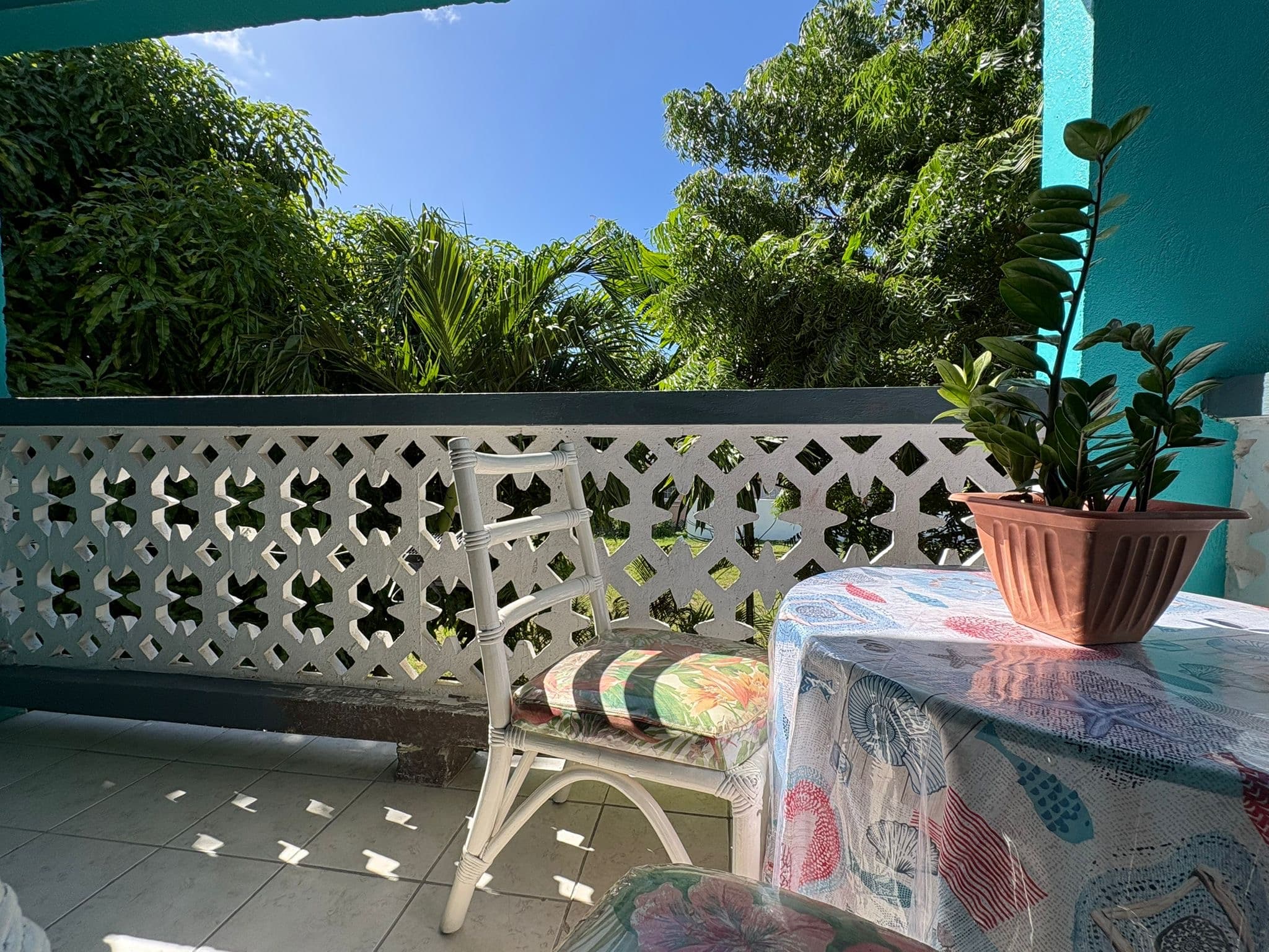 Sunny private patio outside the Balcony Suite with tropical greenery.